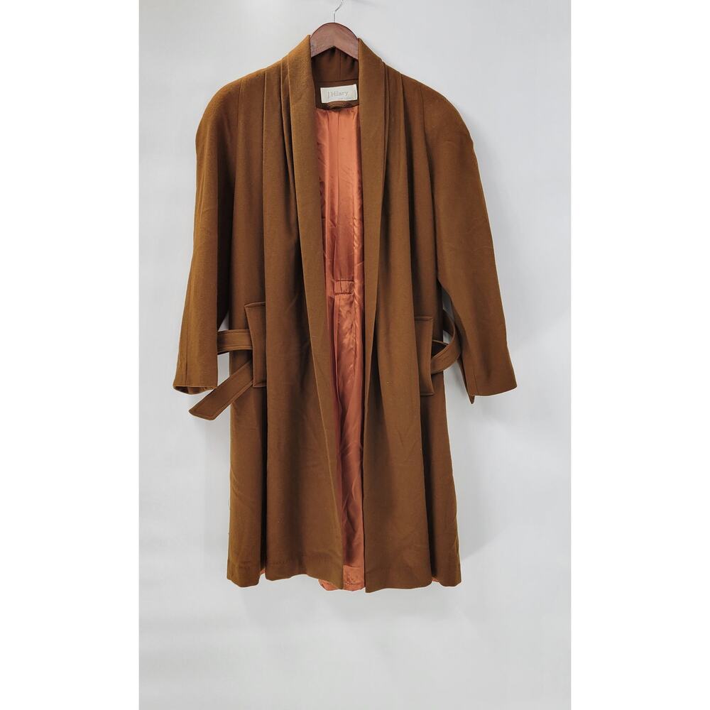 Vintage J. Hilary Wool Coat Womens 4 Belted Camel Brown Long Trench Made in USA